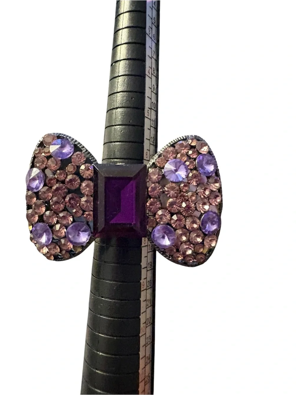 Y2K Purple Rhinestone Bow Statement Ring Adjustable sitting at size 7 1/2
